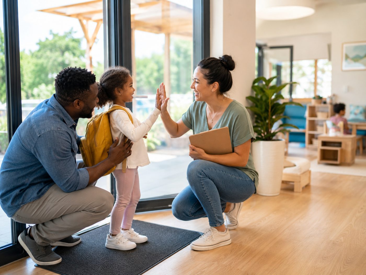 Parent and child at daycare drop-off