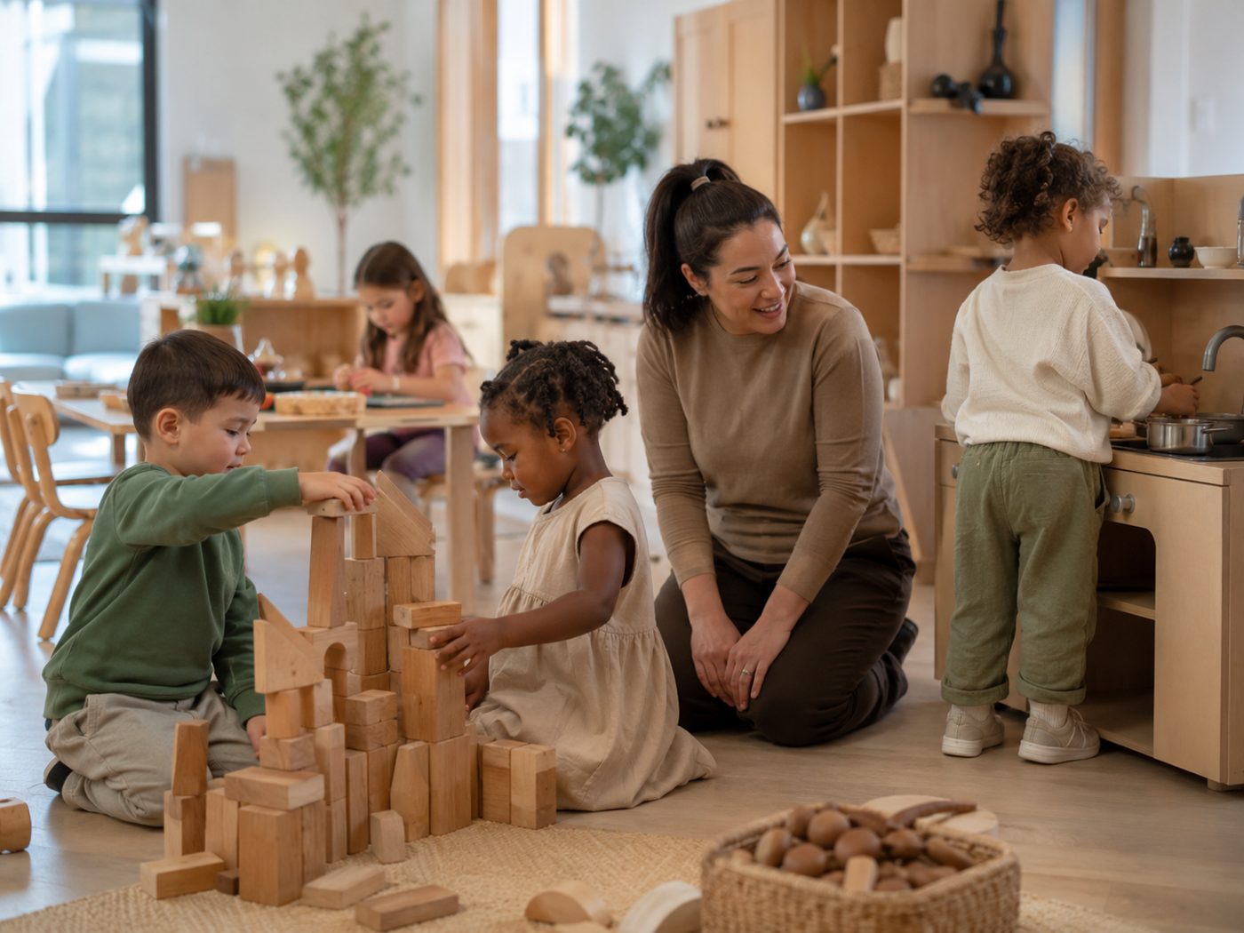 A teacher seated at floor level making eye contact with an infant during play time