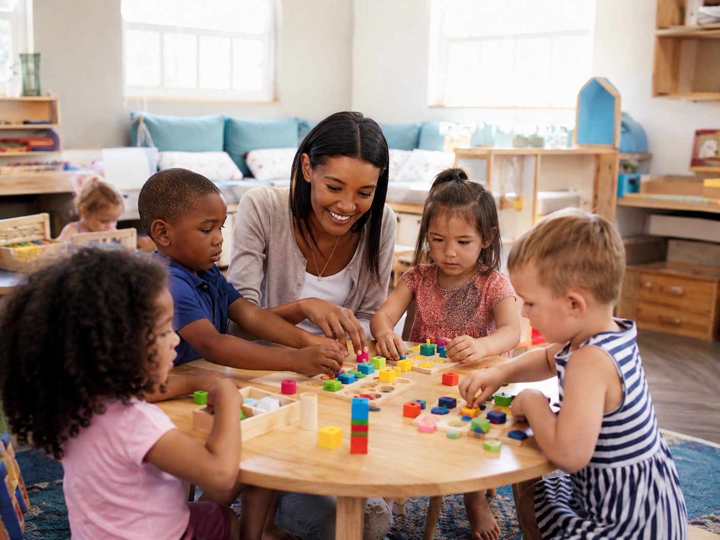 Teacher playing with toddlers at a table
