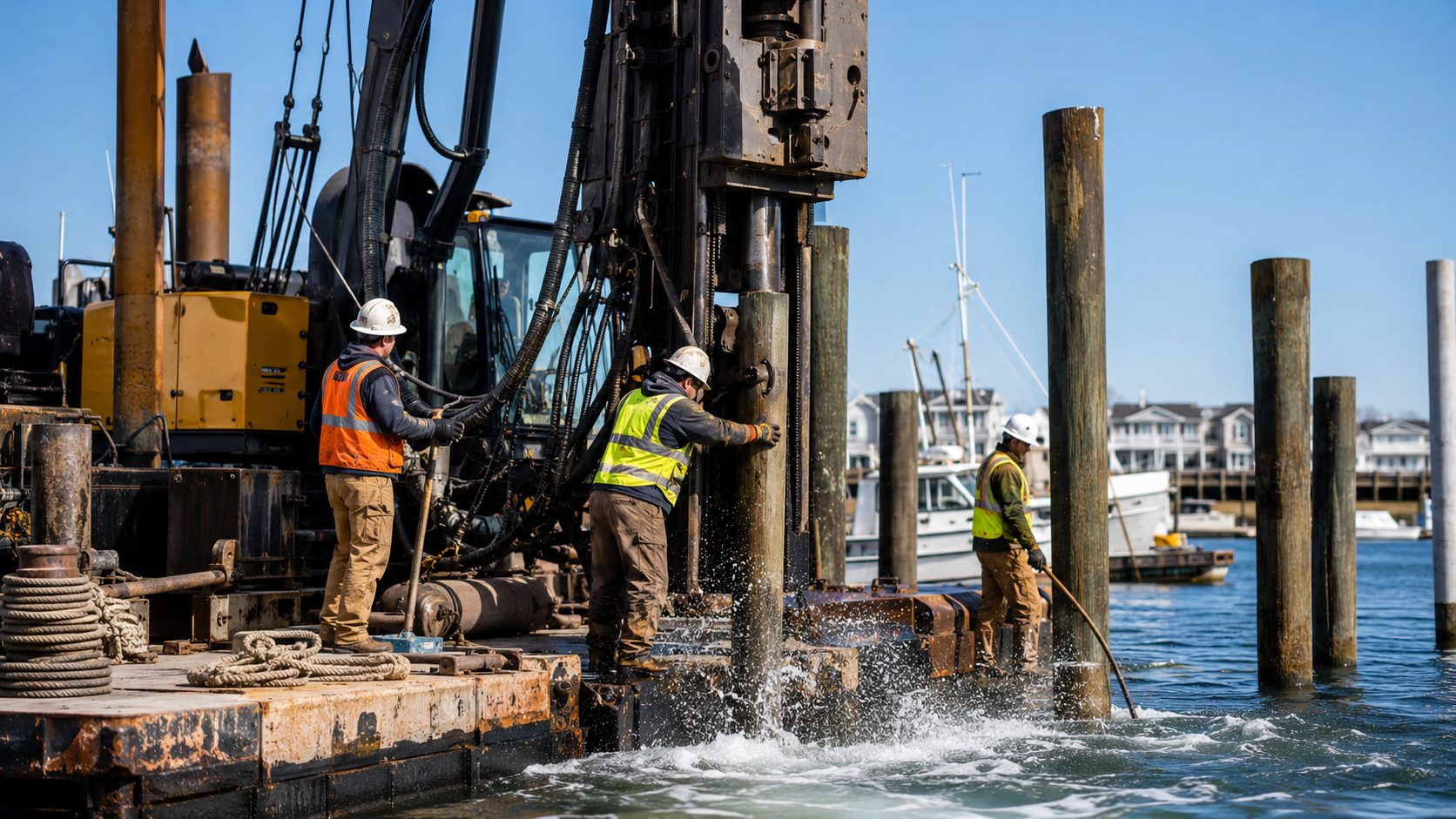 A pile driving rig setting sheet pile from the water