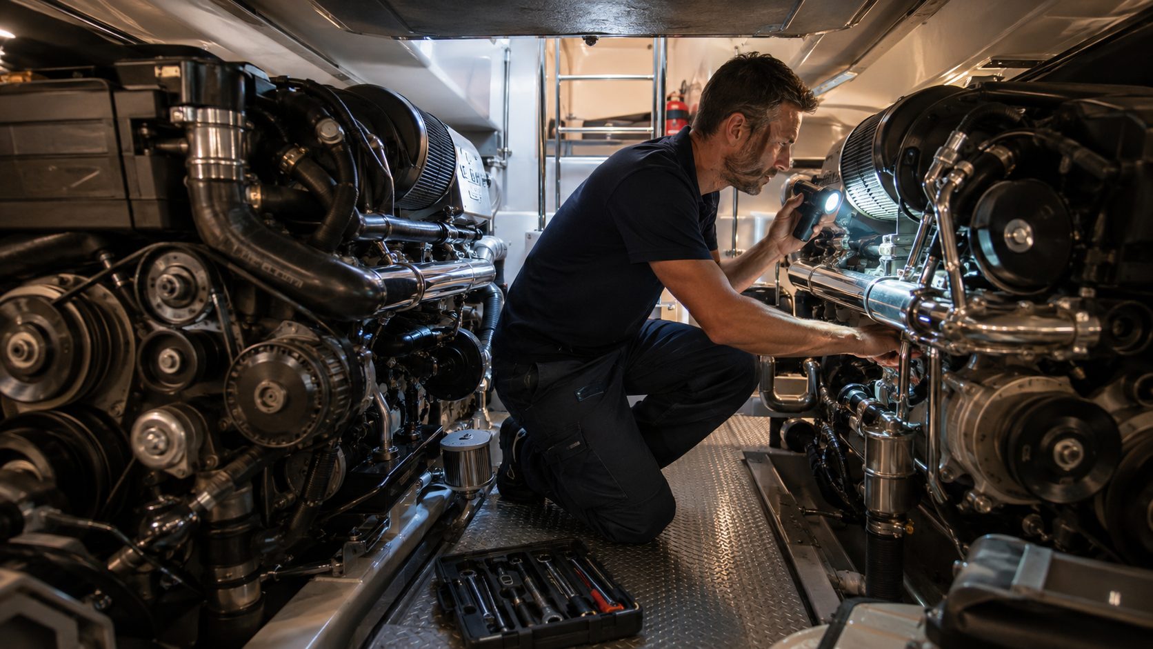A technician working on an inboard diesel in an engine room