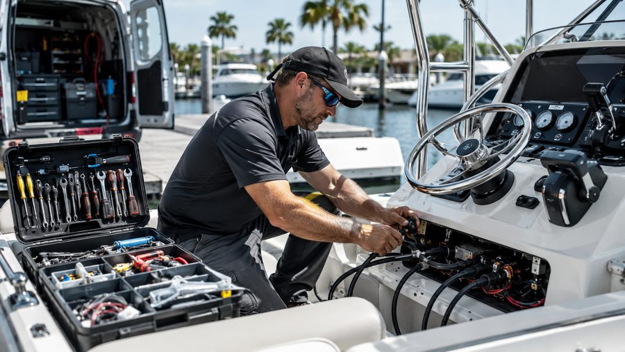 A service van with the tool wall open beside a boat helm